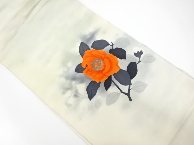 作家物　塩瀬　手描き　椿模様　名古屋帯